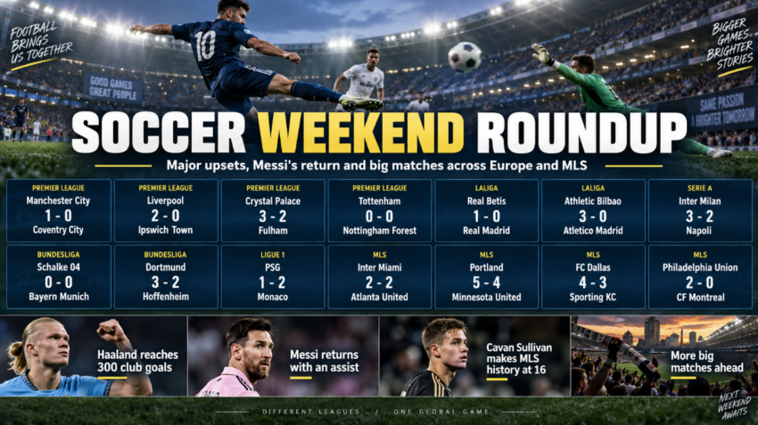 Wide soccer roundup graphic showing major weekend results from the Premier League, La Liga, Serie A, Bundesliga, Ligue 1 and MLS, along with Erling Haaland, Lionel Messi and Cavan Sullivan.