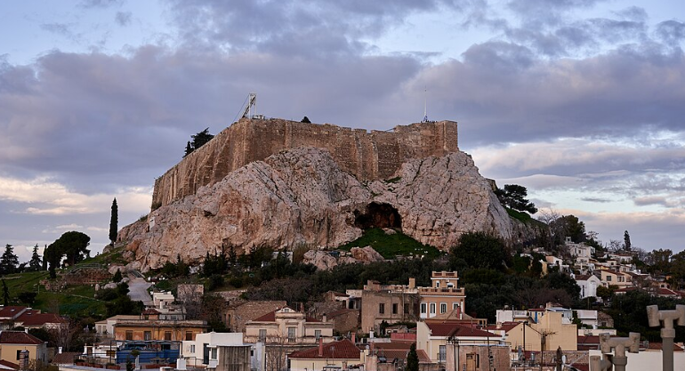 The Acropolis of Athens from the neighborhood of Plaka on January 30, 2020.