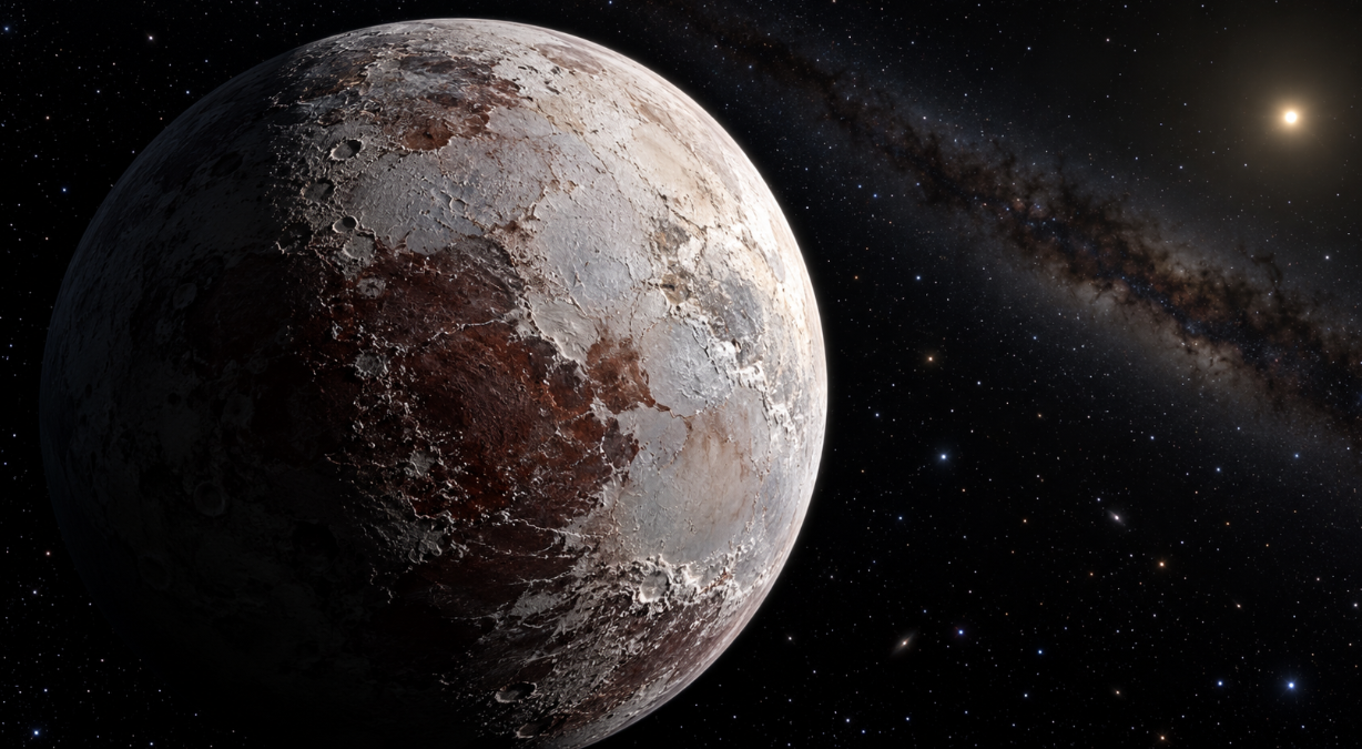 Artist’s illustration of 2026 ED138, a newly discovered dwarf planet candidate beyond Pluto, showing a cratered, icy surface with reddish-brown regions illuminated by the distant Sun against a star-filled Milky Way background.