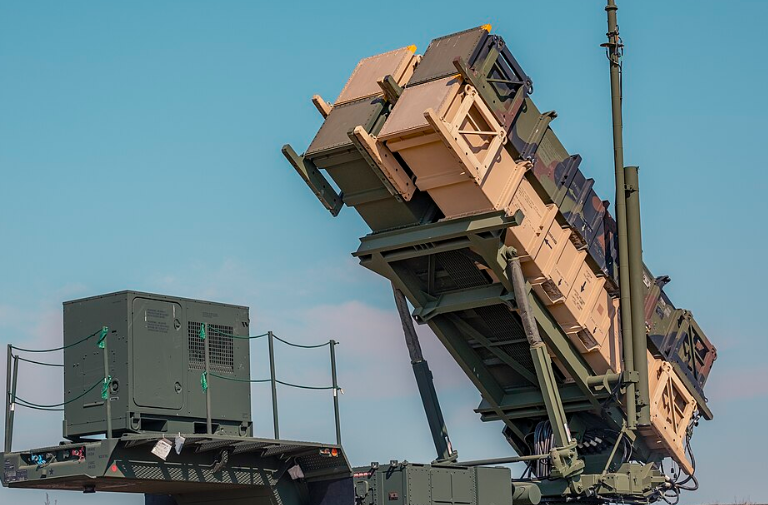 A U.S. Army Patriot launcher from 5th Battalion, 7th Air Defense Artillery Regiment