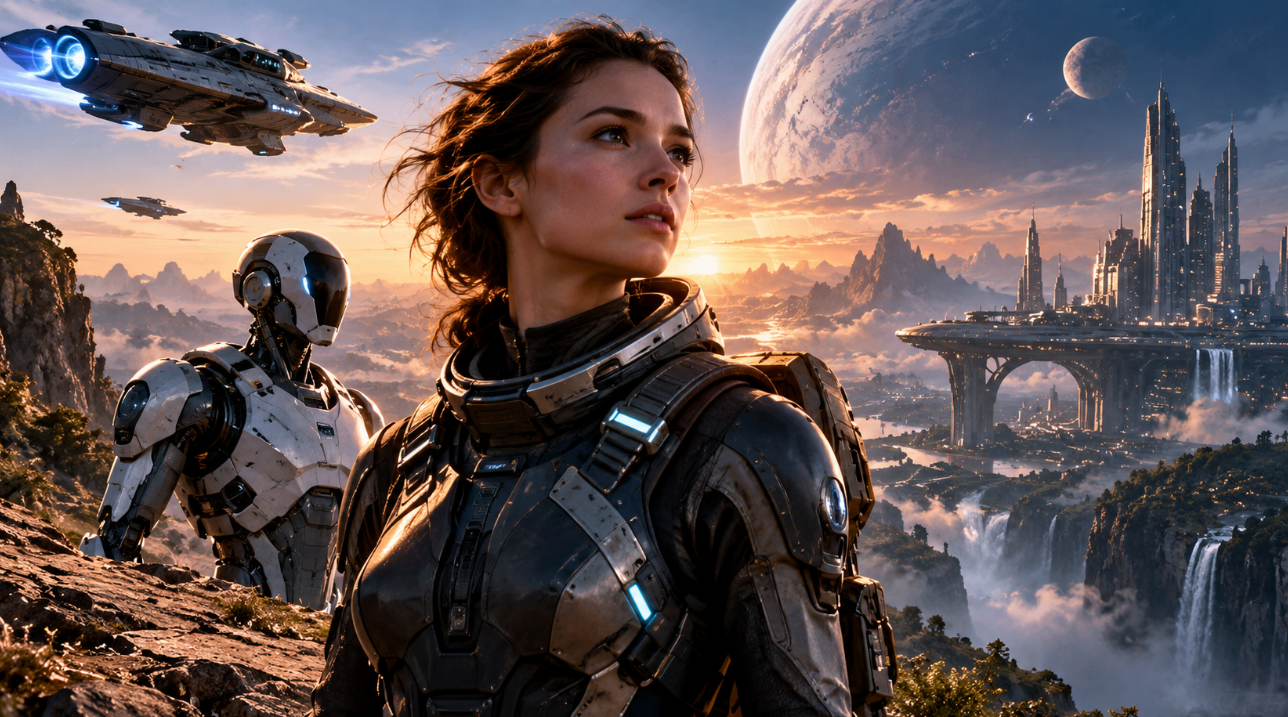 Cinematic science fiction scene showing a woman in a futuristic spacesuit beside a humanoid robot overlooking a vast alien city with waterfalls, spacecraft and a giant planet in the sky.