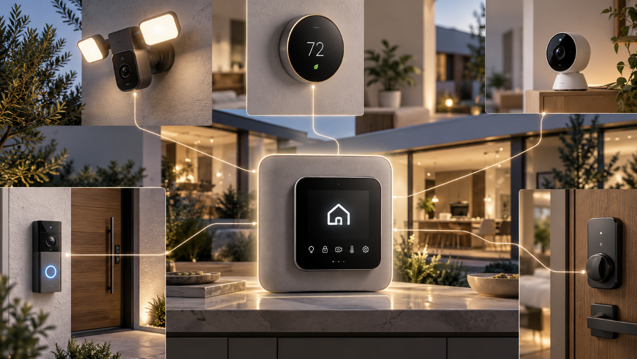 Concept image of a connected smart home featuring a central control hub linked to a video doorbell, smart lock, thermostat, indoor camera, outdoor camera, and floodlight camera.