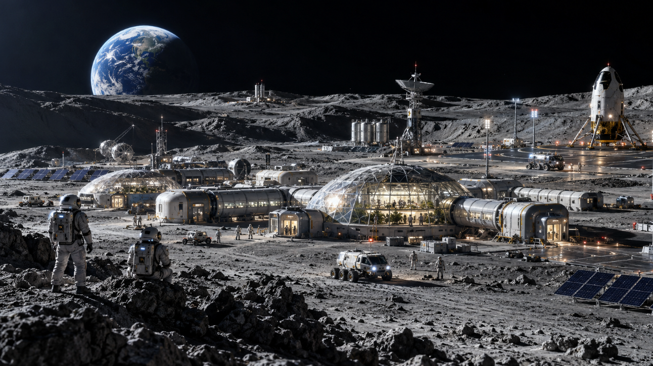 Photorealistic artist’s rendition of a sprawling lunar base with illuminated habitat domes, astronauts, rovers, solar panels, communications equipment, a lunar lander and Earth rising above the horizon.