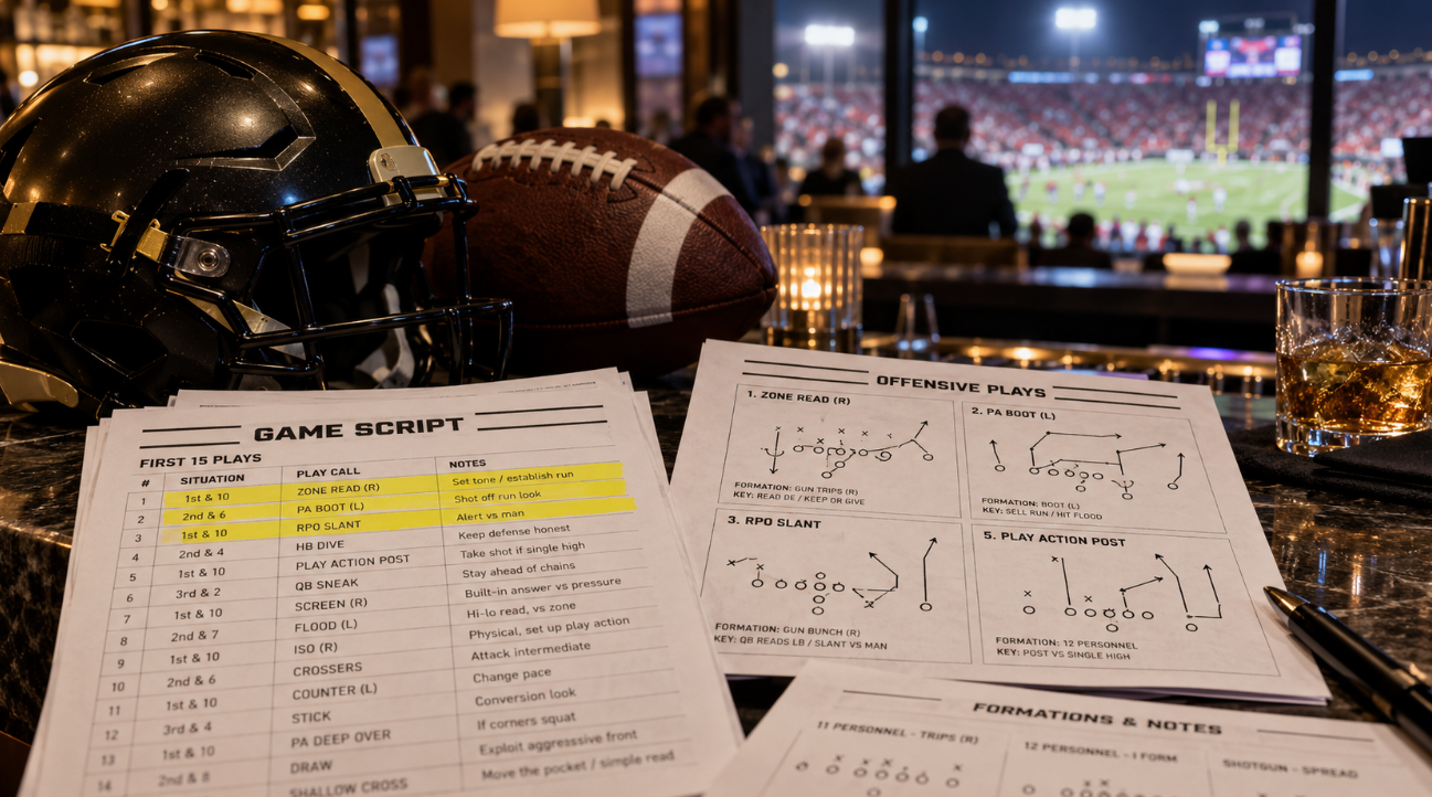 A black-and-gold football helmet, football, and printed offensive play sheets sit on a hotel bar with a stadium visible in the background.
