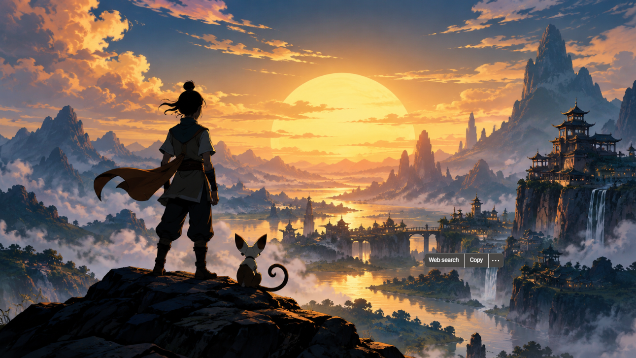 A young adventurer and a small animal companion stand on a rocky cliff overlooking a fantasy world of towering mountains, ancient temples, waterfalls and misty valleys beneath a glowing golden sunset.