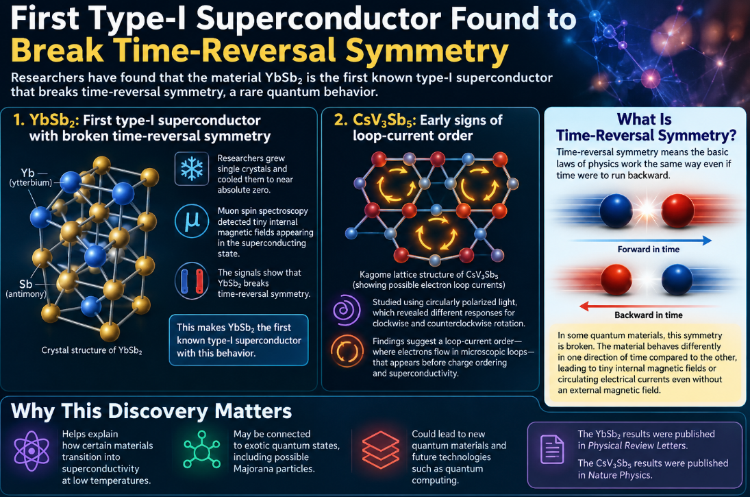 Landscape infographic explaining how YbSb₂ became the first known type-I superconductor found to break time-reversal symmetry, with diagrams of its crystal structure, muon spin measurements, CsV₃Sb₅ loop-current research, and a simple explanation of time-reversal symmetry.