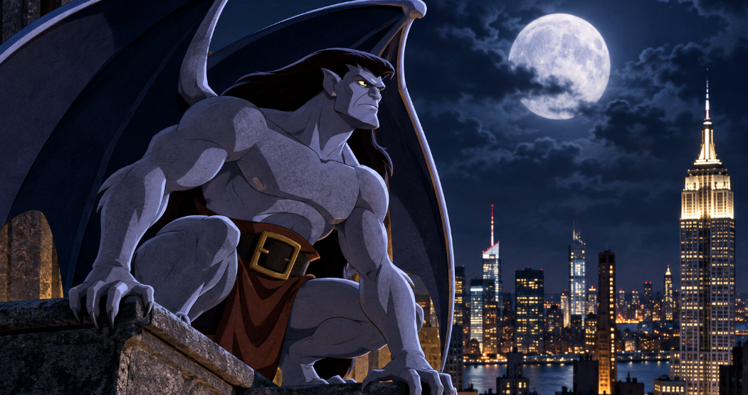 A powerful winged gargoyle crouches on a stone rooftop above the illuminated New York City skyline under a bright full moon.