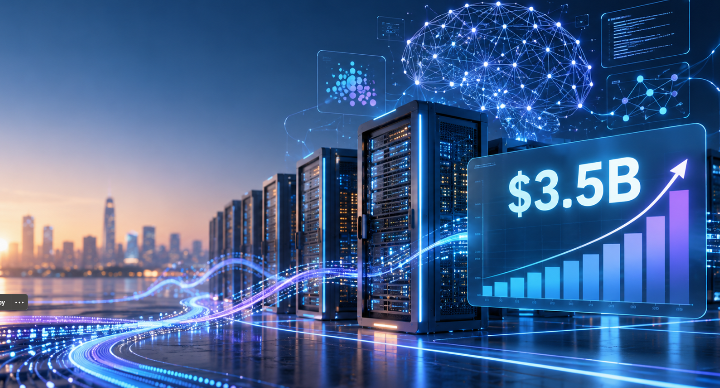 Futuristic AI data center with server racks, glowing data streams, a neural network graphic and a rising chart showing a $3.5 billion valuation.