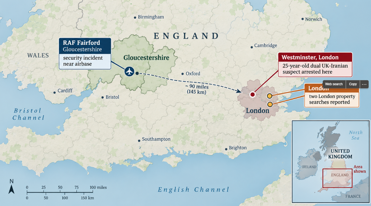 Map of southern England showing RAF Fairford in Gloucestershire and Westminster in London, where a UK-Iranian suspect was arrested, along with London locations linked to property searches in the investigation.