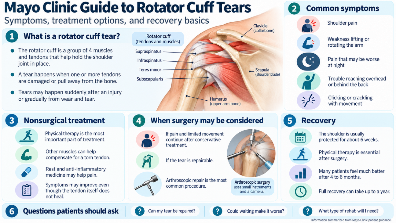 Landscape infographic showing shoulder anatomy and explaining rotator cuff tear symptoms, nonsurgical treatment, when surgery may be considered, recovery timelines, and questions patients can ask their doctor.