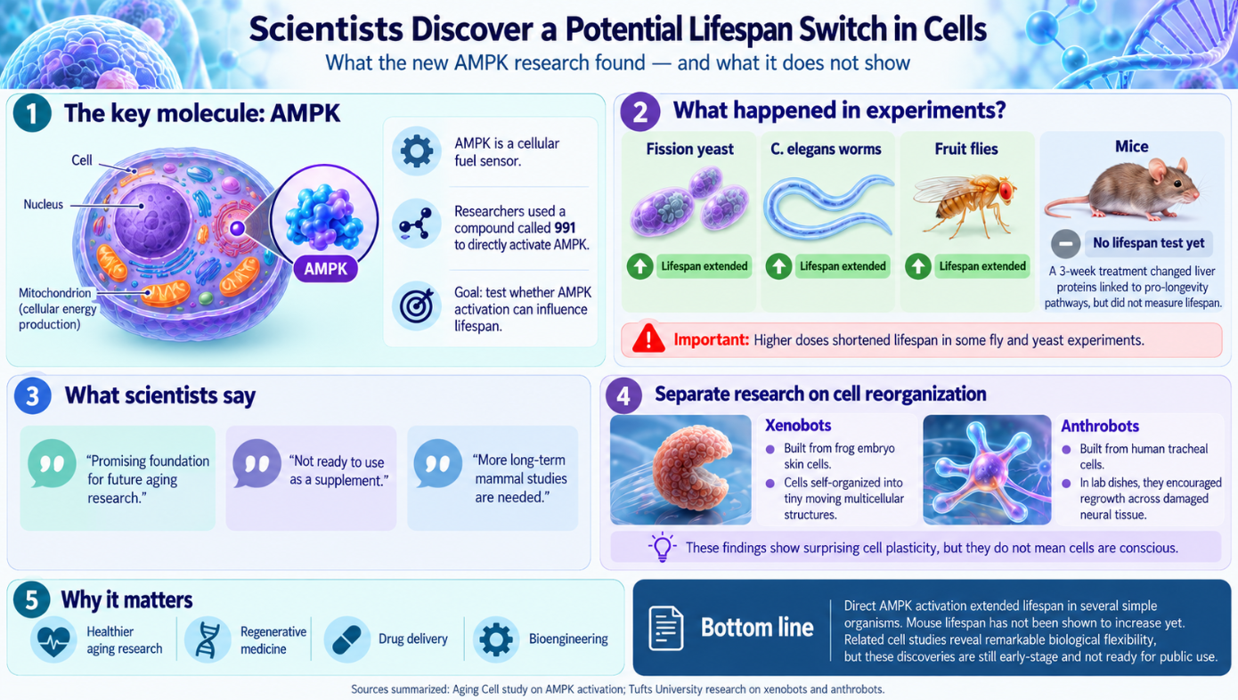 Infographic explaining how AMPK activation extended lifespan in yeast, worms and fruit flies while mouse lifespan was not tested, alongside separate