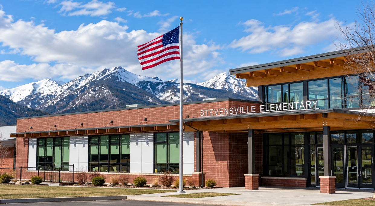 illustration of Stevensville Elementary School in Montana, showing its brick exterior, large windows, American flag and snow-covered mountains beneath a blue sky.