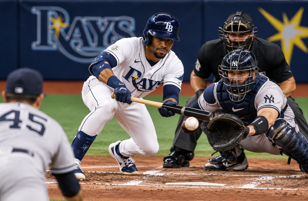 Tampa Bay Rays batter lays down a bunt as a New York Yankees catcher prepares to field the ball during a baseball game.