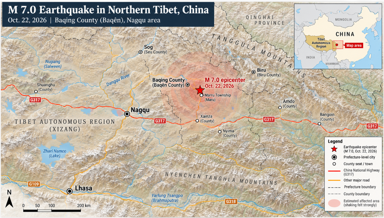 Detailed relief map of northern Tibet showing the October 22, 2026, magnitude 7.0 earthquake epicenter near Baqing County. The map highlights surrounding cities